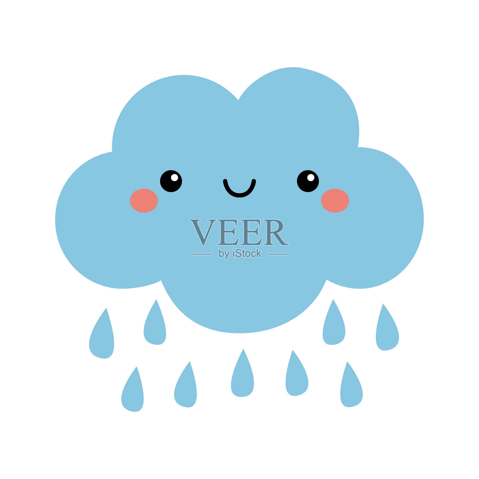 蓝色云朵带有雨滴，眼睛和嘴巴，快乐微笑的表情。可爱的卡通风格搞笑角色合集。儿童风格。婴儿海报。扁平设计。孤立。白色背景。插画图片素材