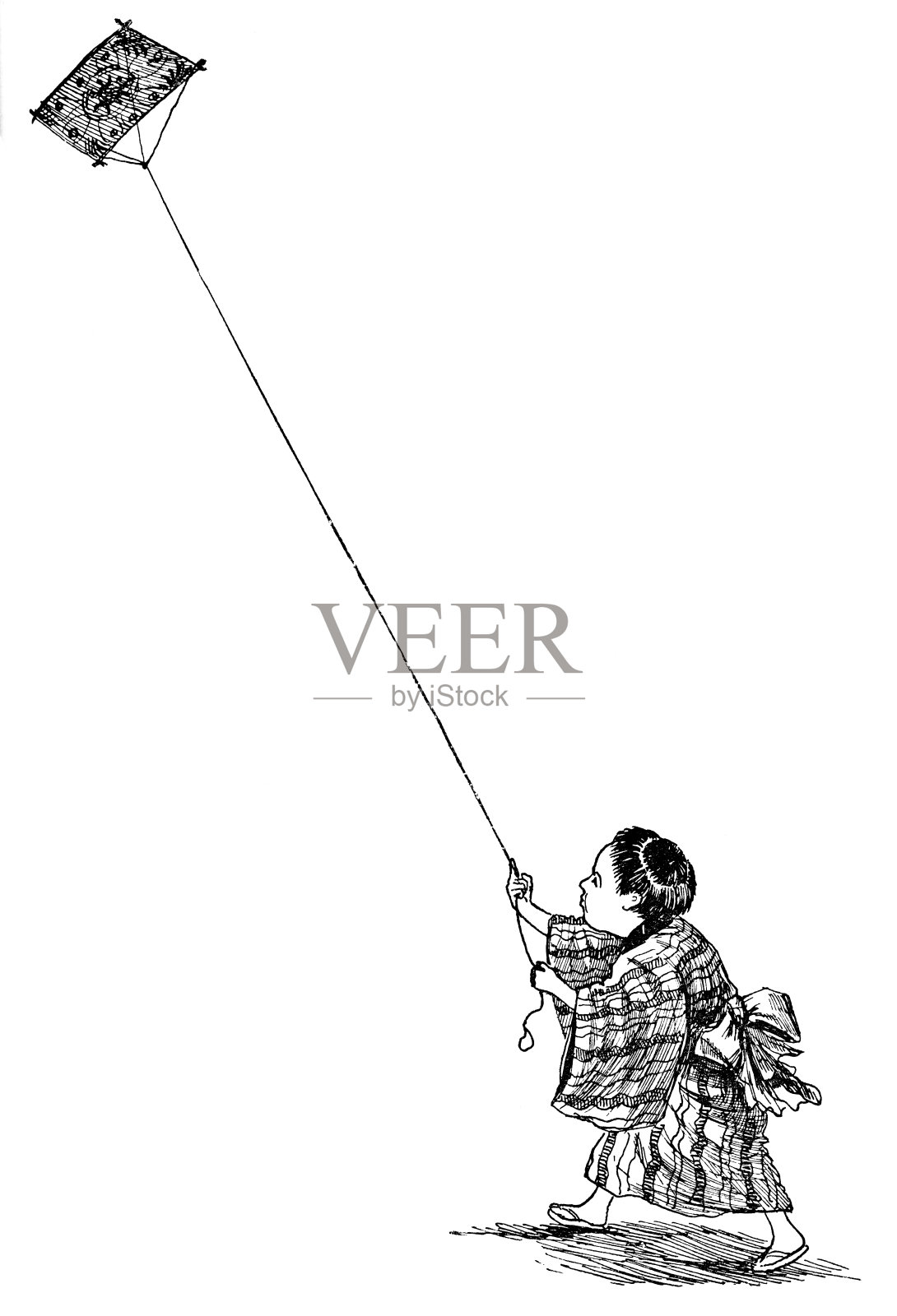 19世纪的日本男孩放风筝插画图片素材