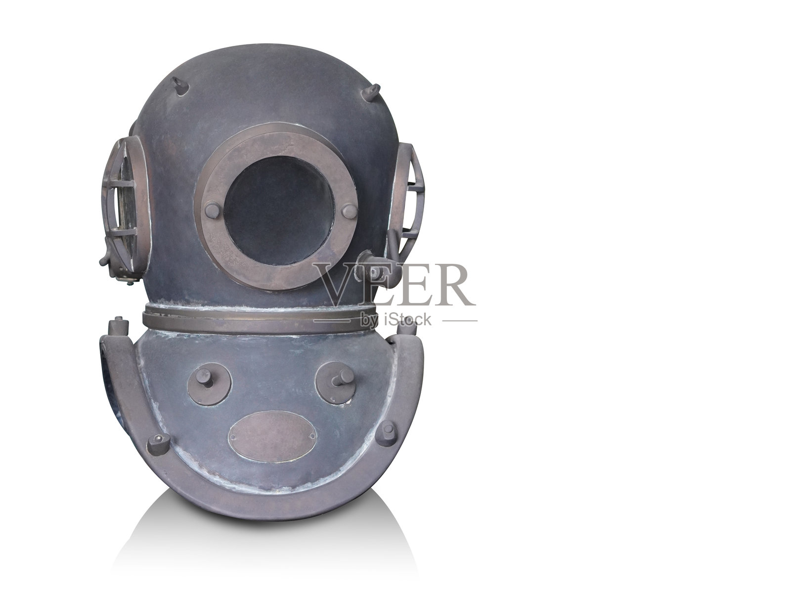 古董钢铜镜面潜水头盔，白色背景，物品，装饰，时尚，安全，留白空间照片摄影图片