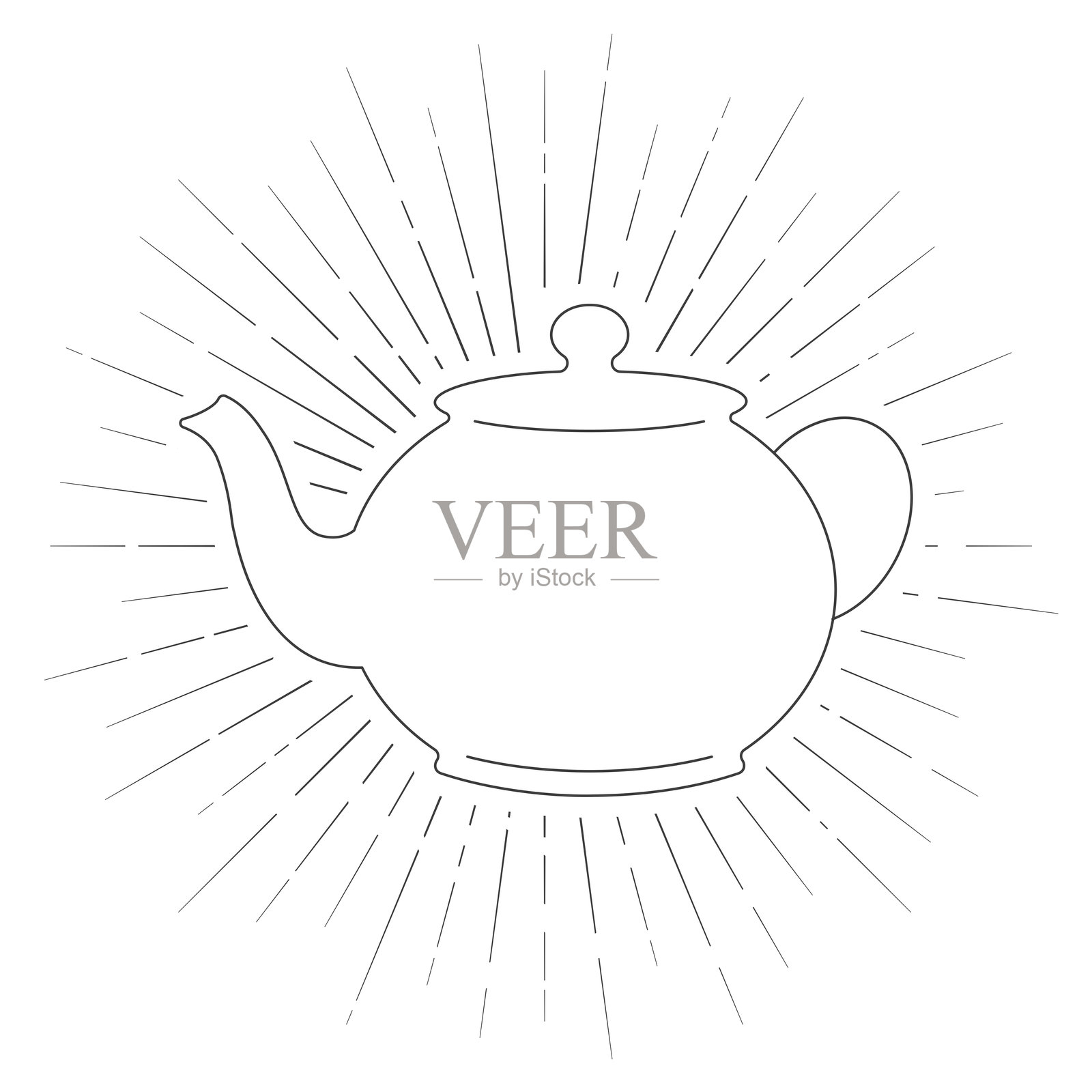 茶壶。白色背景上的线条图标，带有阳光辐射效果。插画图片素材