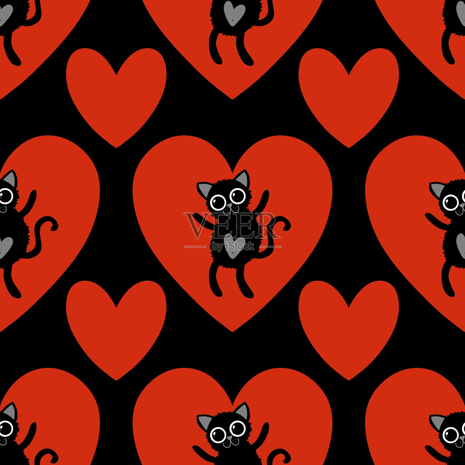 情人节爱心无缝猫咪与心形图案，适用于面料、纺织品和包装插画图片素材