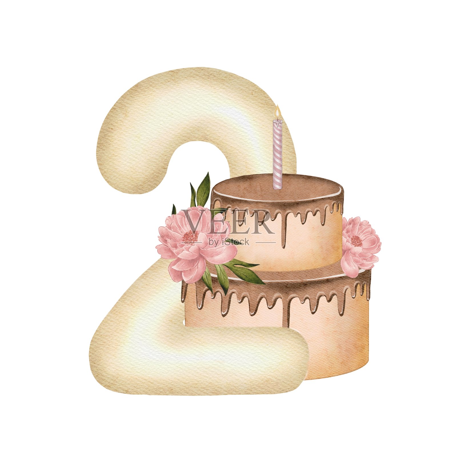 水彩插图：数字二与蛋糕和蜡烛插画图片素材