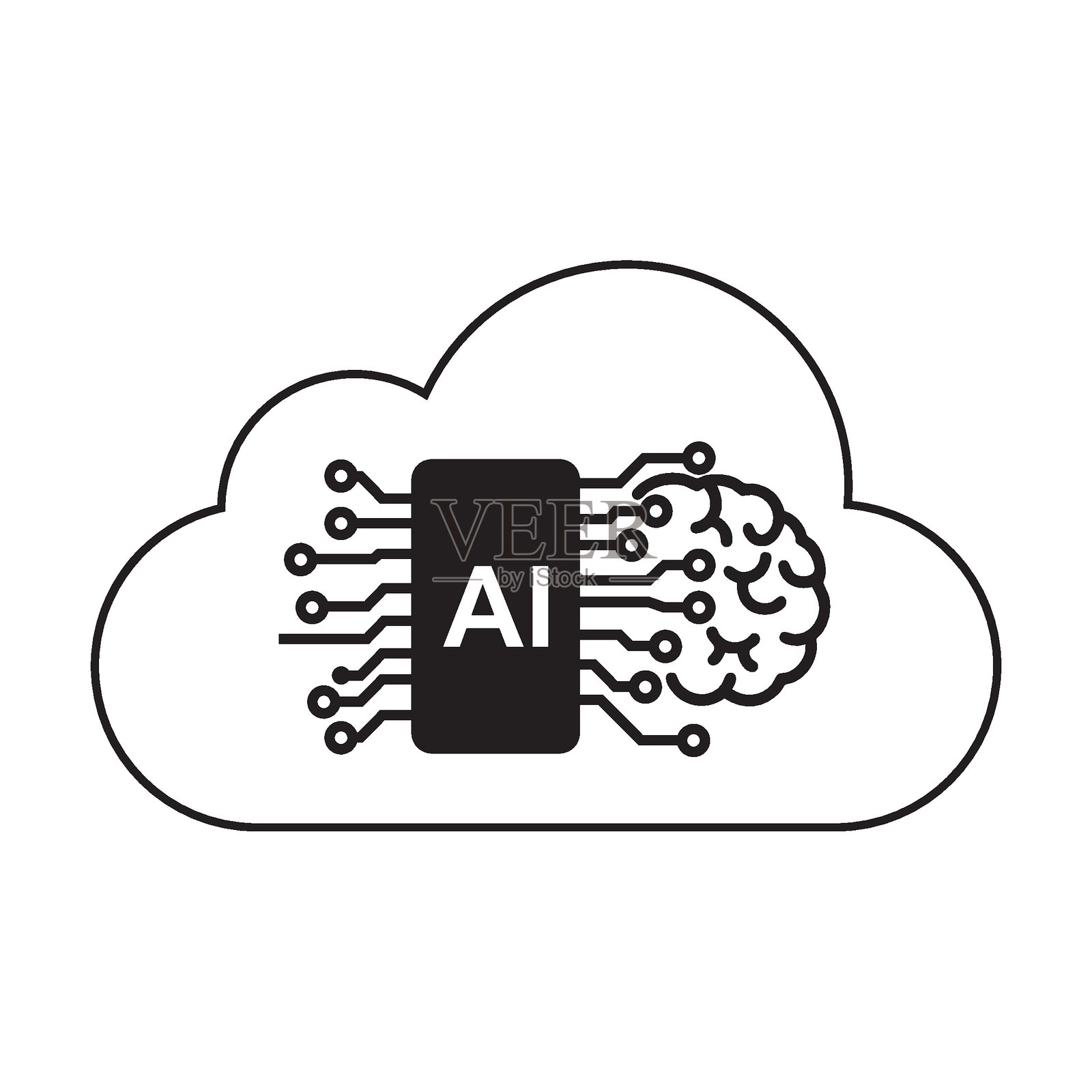 AI芯片和数字大脑图标 - 创新与科技概念，未来派AI大脑与处理器图标 - 科技灵感矢量，人工智能电路图标，机器学习与神经网络图标 - 黑色极简设计插画图片素材