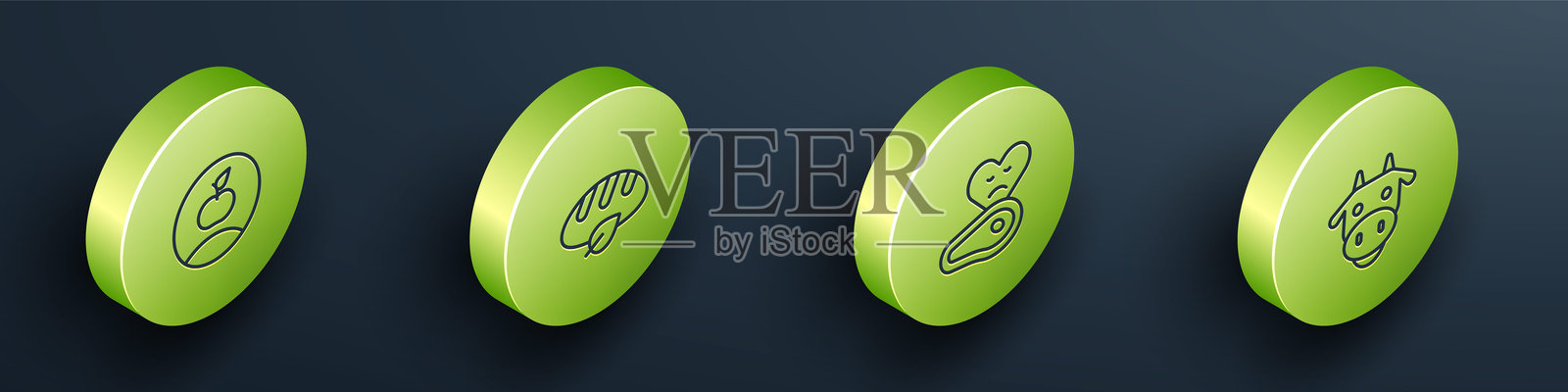 等距线条图标：苹果、素食面包、牛排和牛头。矢量图。插画图片素材