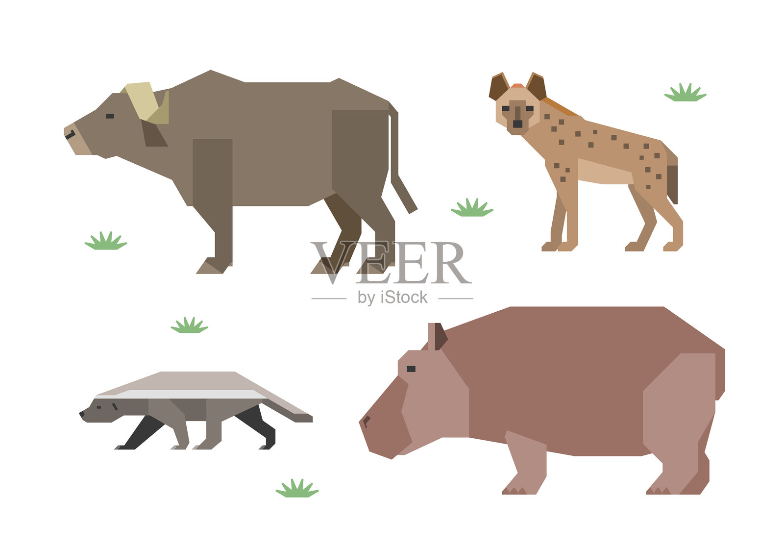 非洲动物的矢量插图：土狼、水牛、河马、蜜獾。插画图片素材