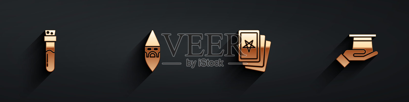 装有药水的瓶子，巫师和术士，三张塔罗牌，手持魔术师帽的图标，带有长阴影。矢量图。插画图片素材