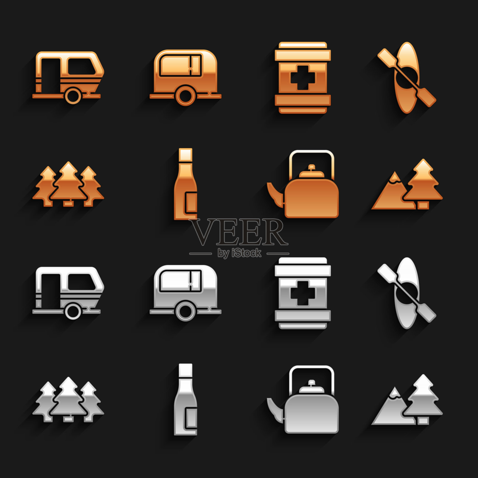 水瓶、皮划艇或独木舟、树木环绕的山脉、水壶把手、森林、急救包、房车露营拖车和图标。矢量图。插画图片素材