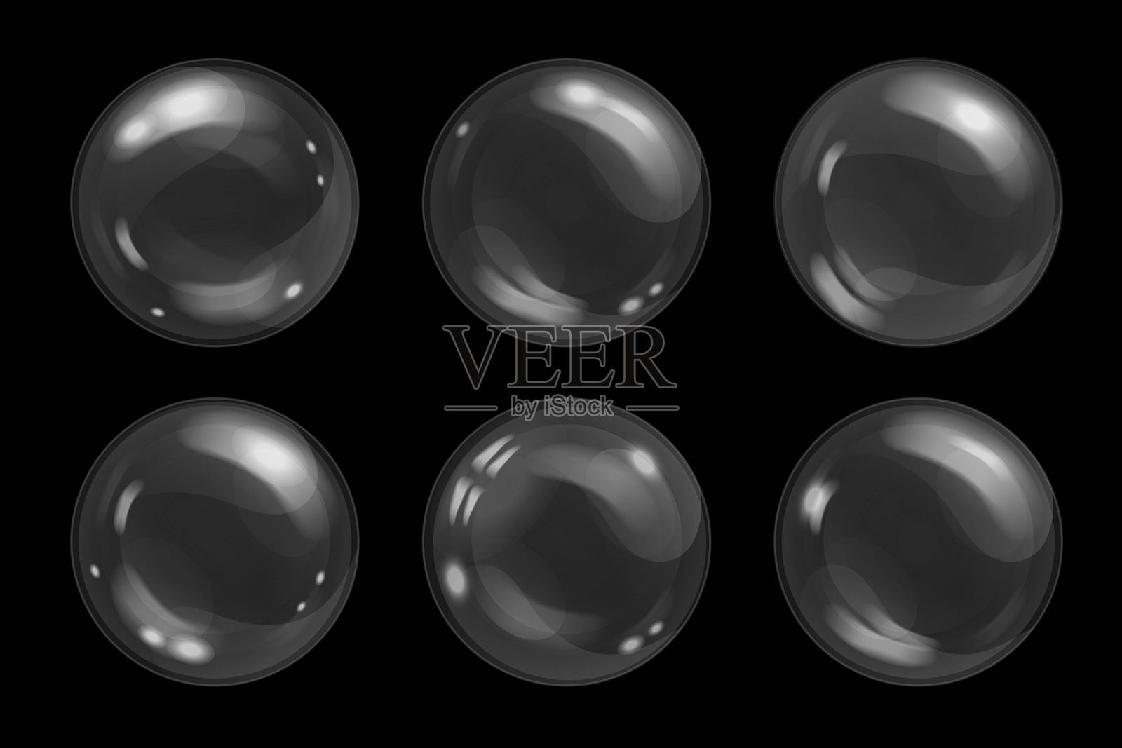 空气肥皂泡清洁泡沫，黑色背景上的透明肥皂泡矢量元素插画图片素材