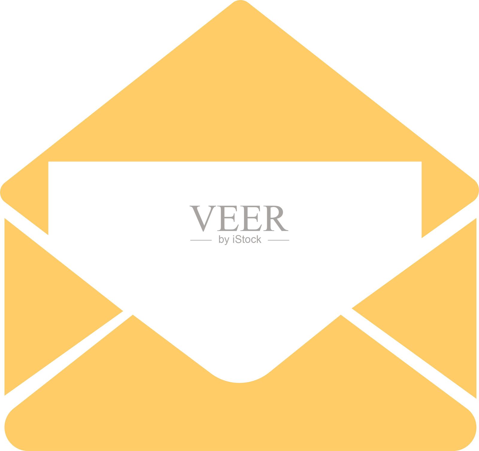 邮件图标。电子邮件、邮政、信件、信封，透明背景下的孤立图像。黄色填充平面设计的矢量图，适用于网站和移动应用的电子邮件图标。打开的信封图标。插画图片素材