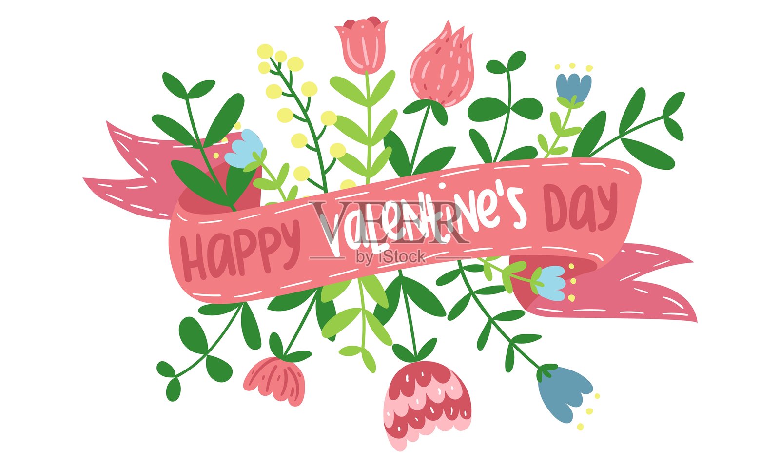 粉色丝带与花朵。带有粉色、黄色和蓝色的花束矢量图，背景为白色。带有丝带的花朵和情人节祝贺。来自爱人的礼物。插画图片素材