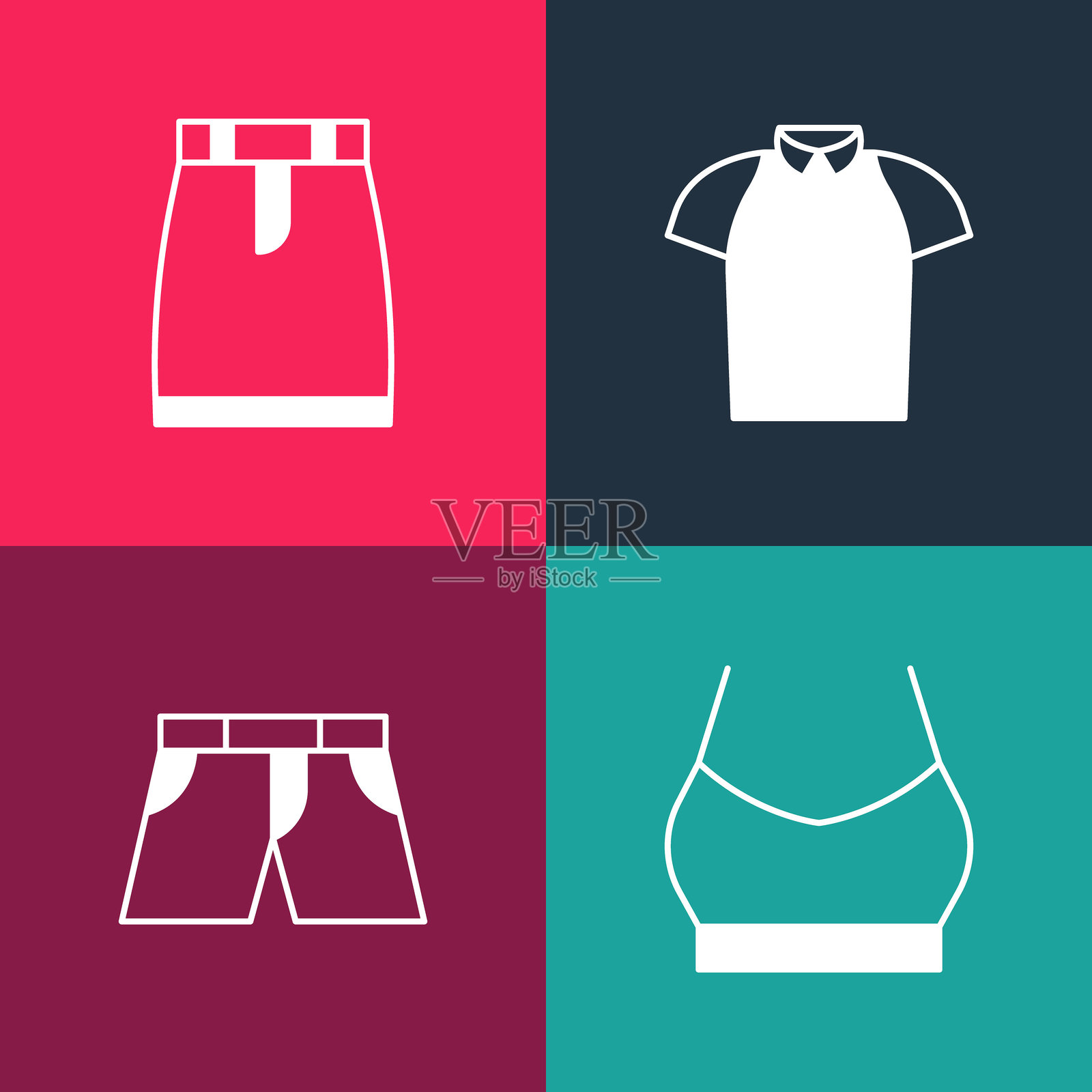 波普艺术女性短款上衣、短裤或长裤、Polo衫和裙子图标。矢量图。插画图片素材