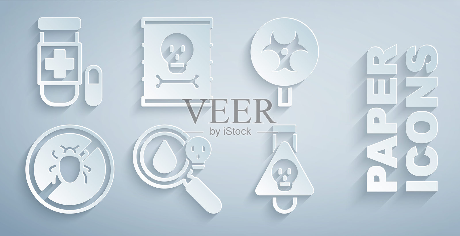 毒药放大镜、生物危害符号、停止科罗拉多甲虫、药水瓶、放射性废物桶和解毒剂图标。矢量图。插画图片素材