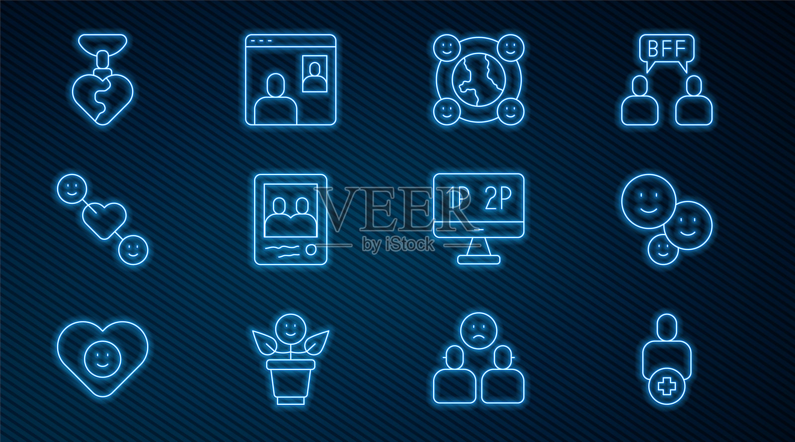 添加好友，快乐的友谊日，国际社区，家庭照片，浪漫关系，心形项链，电脑显示器屏幕和视频聊天会议图标。矢量图插画图片素材