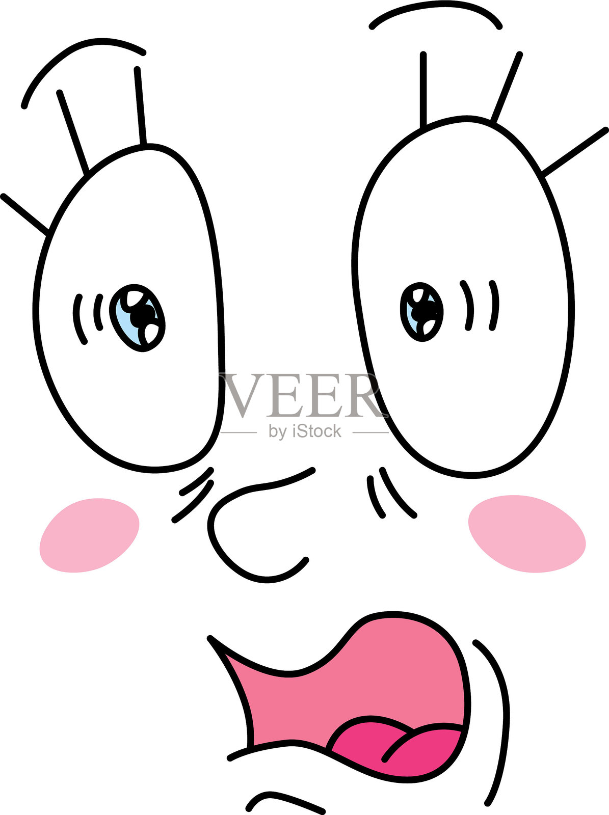 一个非常害怕的面孔，宽大的闪亮蓝眼睛，长长的睫毛，惊恐扭曲的张嘴和红润的脸颊。插画图片素材