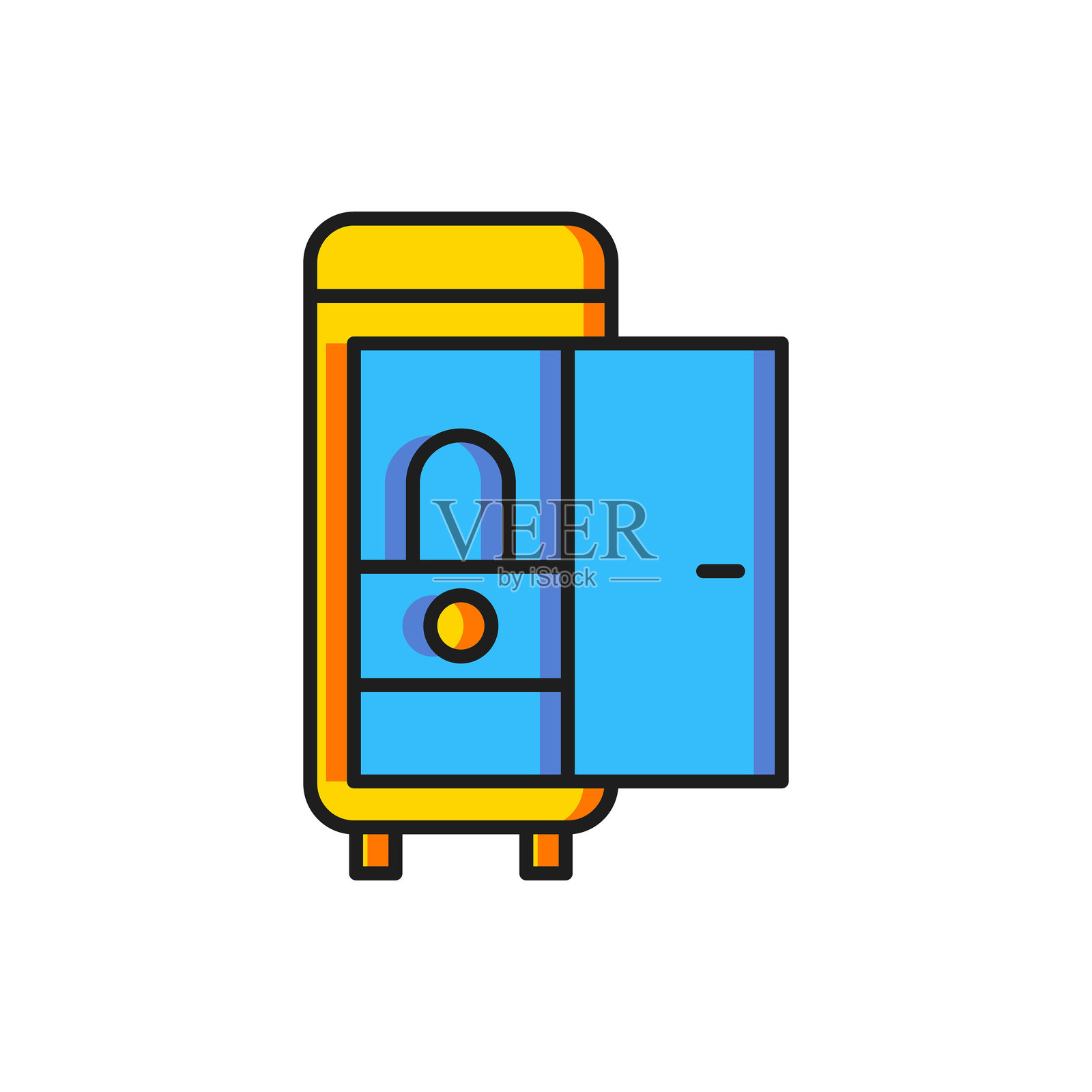 火车车厢内的彩色厕所图标，白色背景上的平面填充轮廓风格，带阴影。插画图片素材