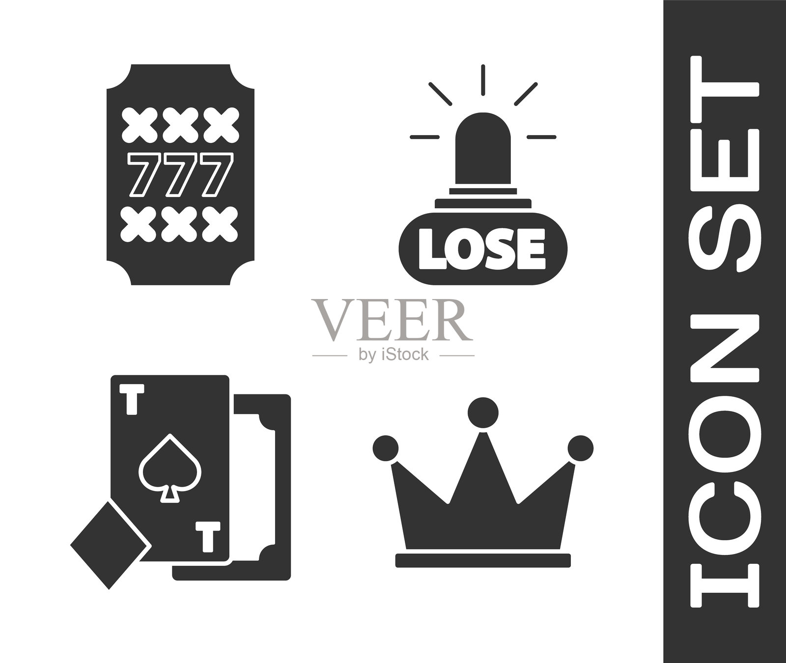 皇冠设置，老虎机与幸运七的大奖，带黑桃的扑克牌和赌场输钱图标。矢量图。插画图片素材
