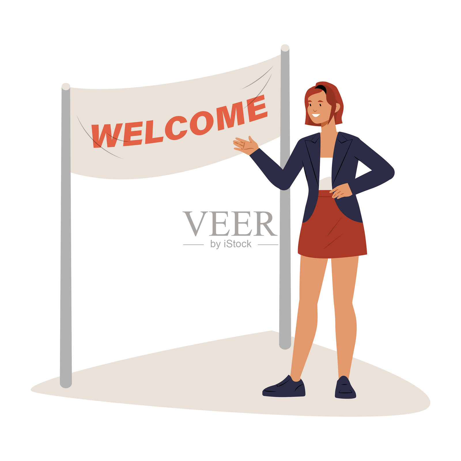 女性迎宾员站在欢迎横幅旁边，扁平矢量插图象征着热情好客、活动接待和温暖的欢迎，背景为白色。插画图片素材