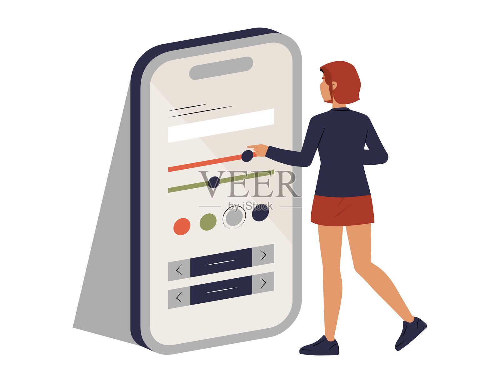 女性角色在平面矢量插图中调整移动用户界面设置，象征数字化定制、应用偏好和用户界面优化，背景为白色。插画图片素材