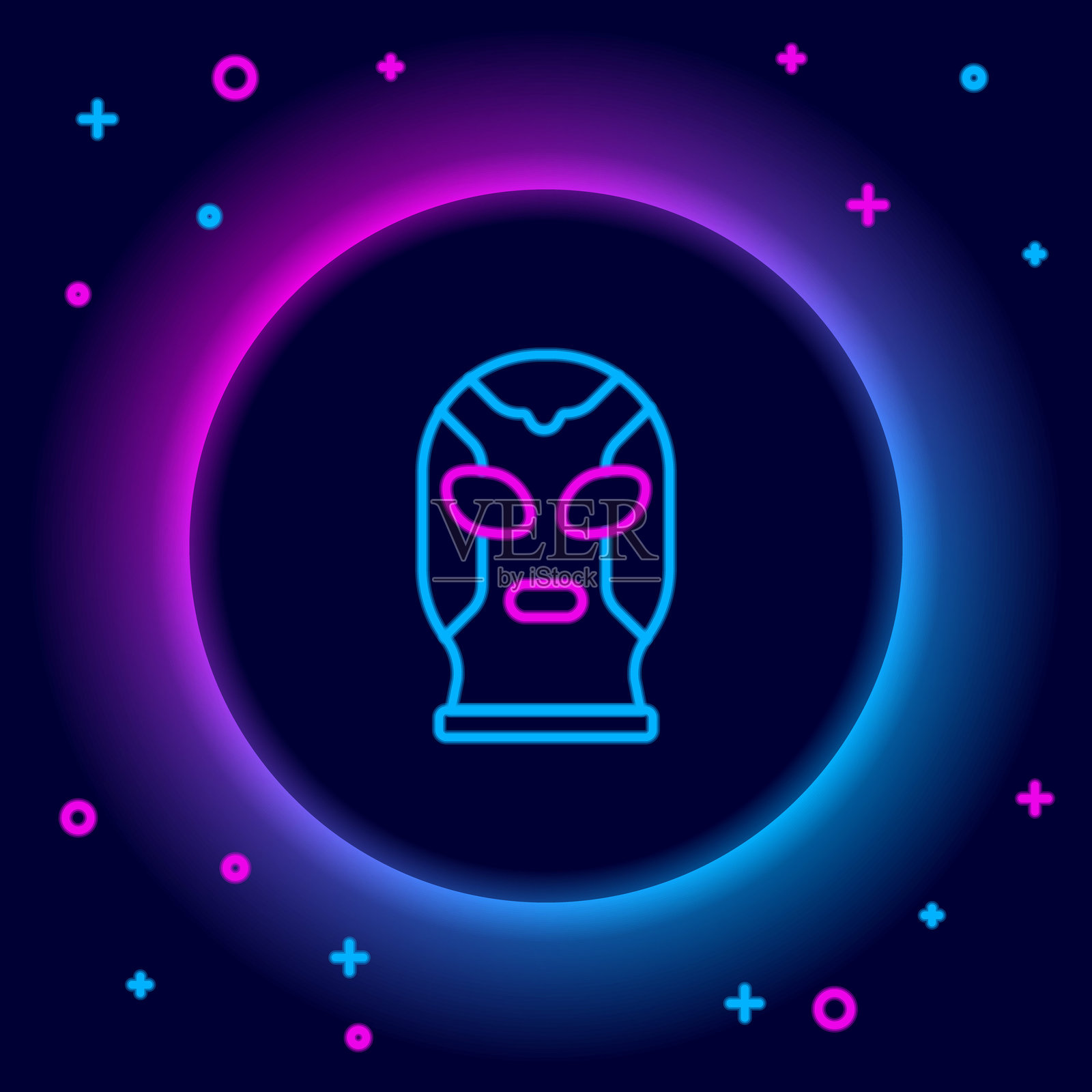 发光的霓虹线墨西哥摔跤手图标，背景为黑色。色彩丰富的轮廓概念。矢量图。插画图片素材