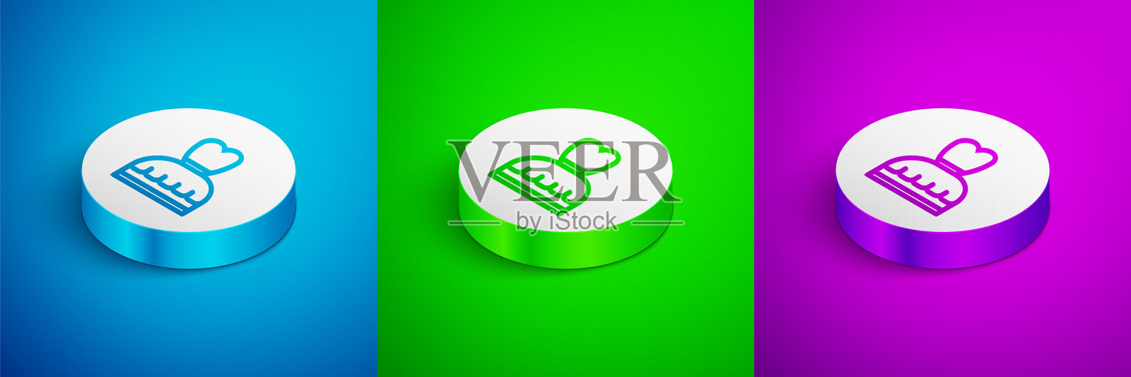 女性服装图标，等距线条，背景为蓝色、绿色和紫色。服装标志。白色圆形按钮。矢量图。插画图片素材