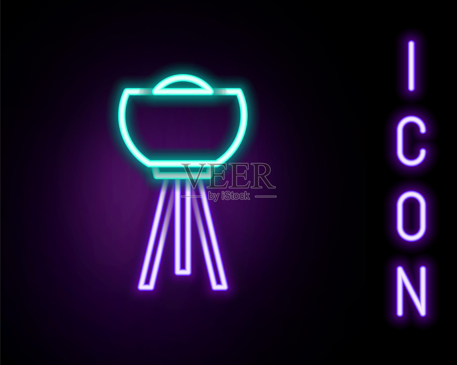 发光的霓虹线落地灯图标，背景为黑色。彩色轮廓概念。矢量图。插画图片素材