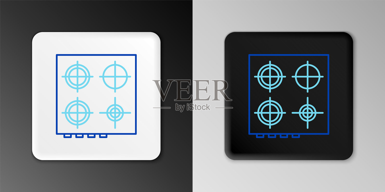 燃气灶图标，背景为灰色。灶台标志，带有四个圆形炉灶的灶具。彩色轮廓概念。矢量图。插画图片素材