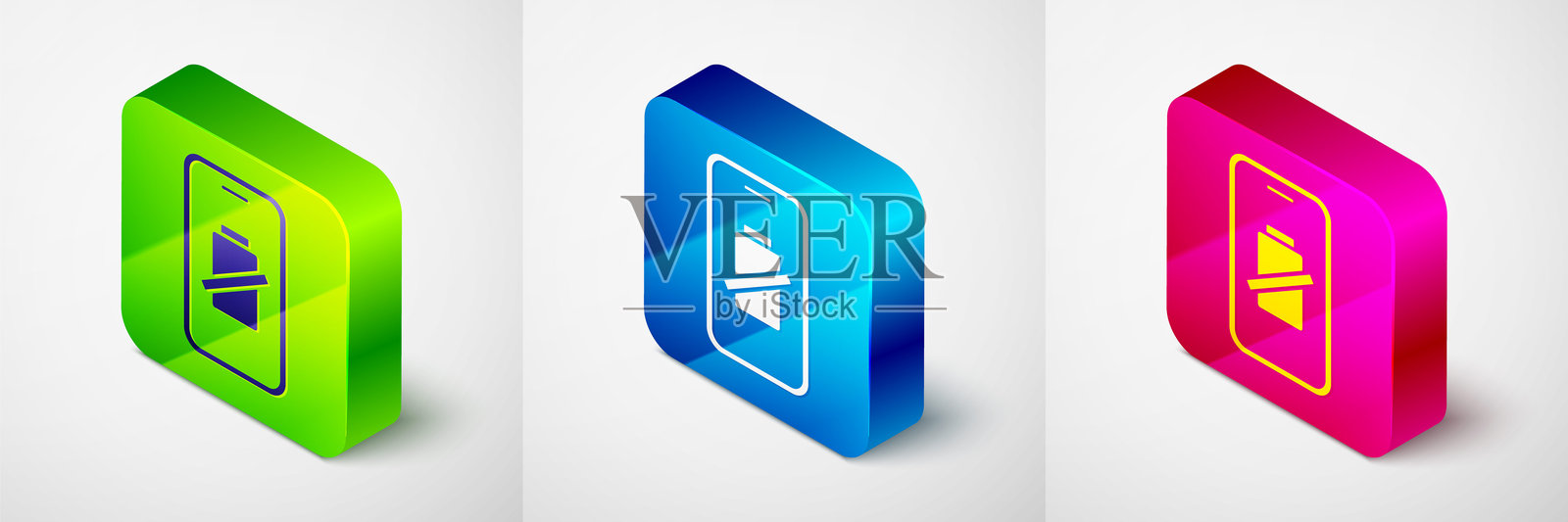 等距智能手机电池充电图标，背景为灰色。电量低的手机。方形按钮。矢量图。插画图片素材