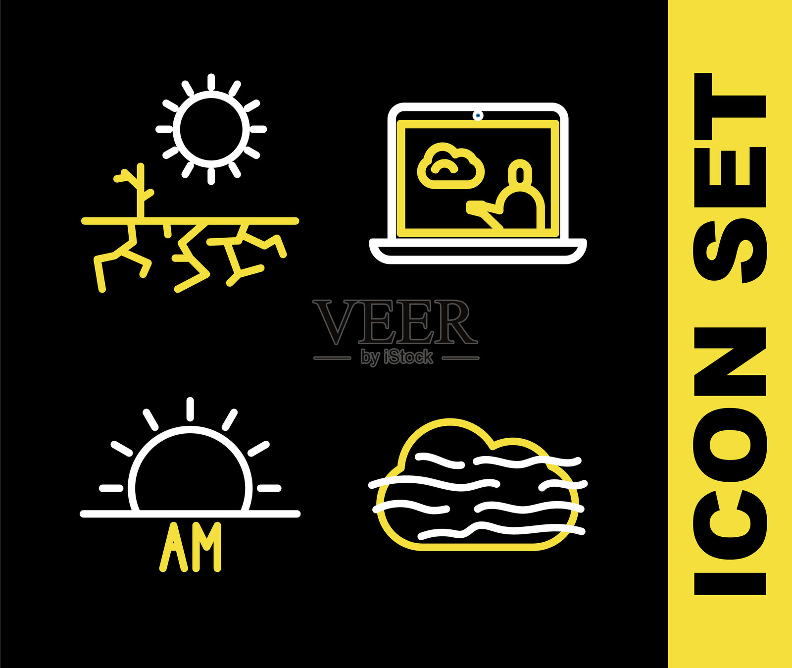 天气预报图标，包括雾霾、云彩、日出和干旱。矢量图。插画图片素材