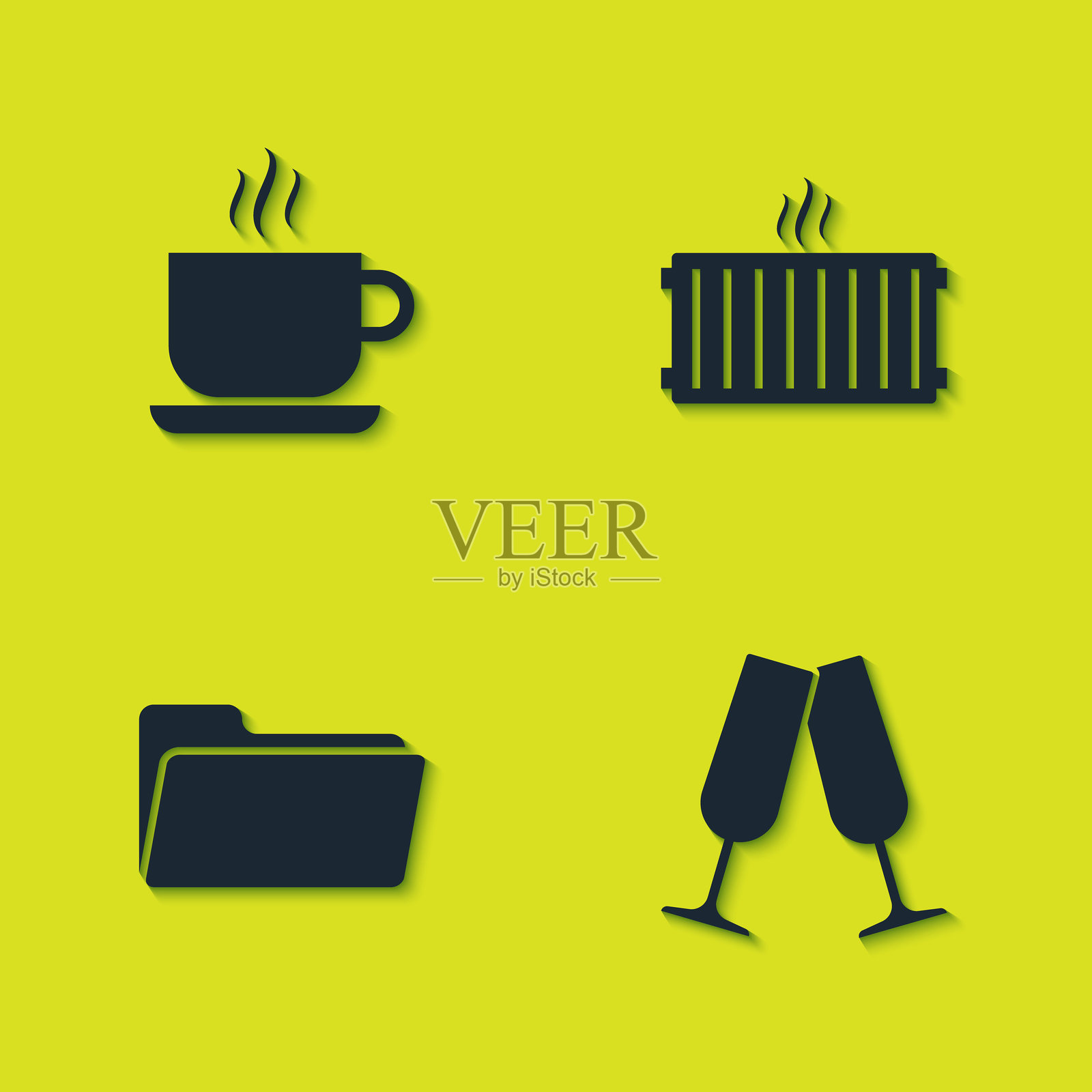 咖啡杯、香槟杯、文件夹和暖气散热器图标。矢量图。插画图片素材