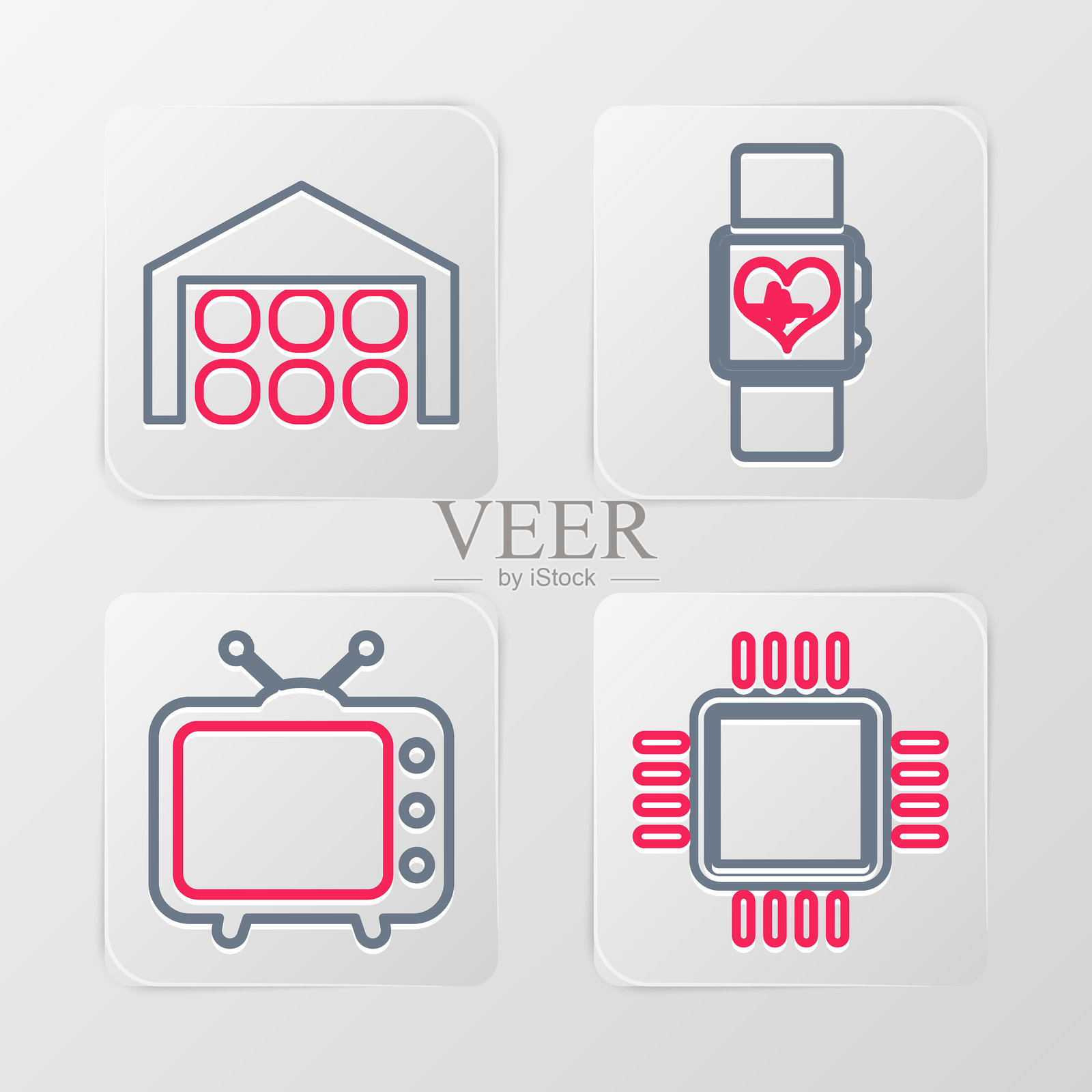 设置带有CPU的线路处理器、电视、智能手表心率和仓库图标。矢量图。插画图片素材