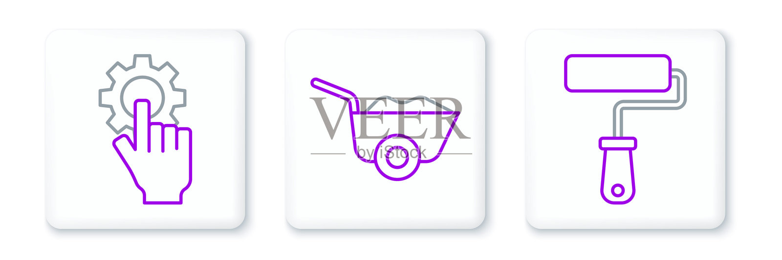 油漆滚筒刷、手和手推车图标的设置。矢量图。插画图片素材