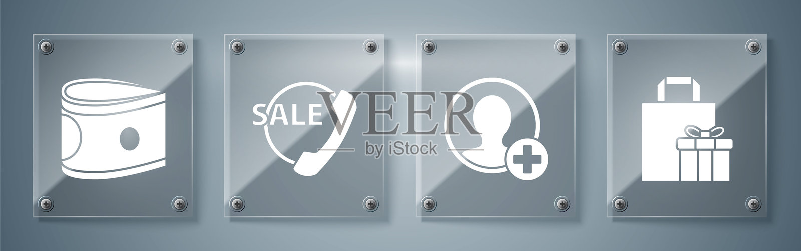 礼品盒，创建账户界面，24小时电话支持，叠放的纸币现金。方形玻璃面板。矢量图插画图片素材