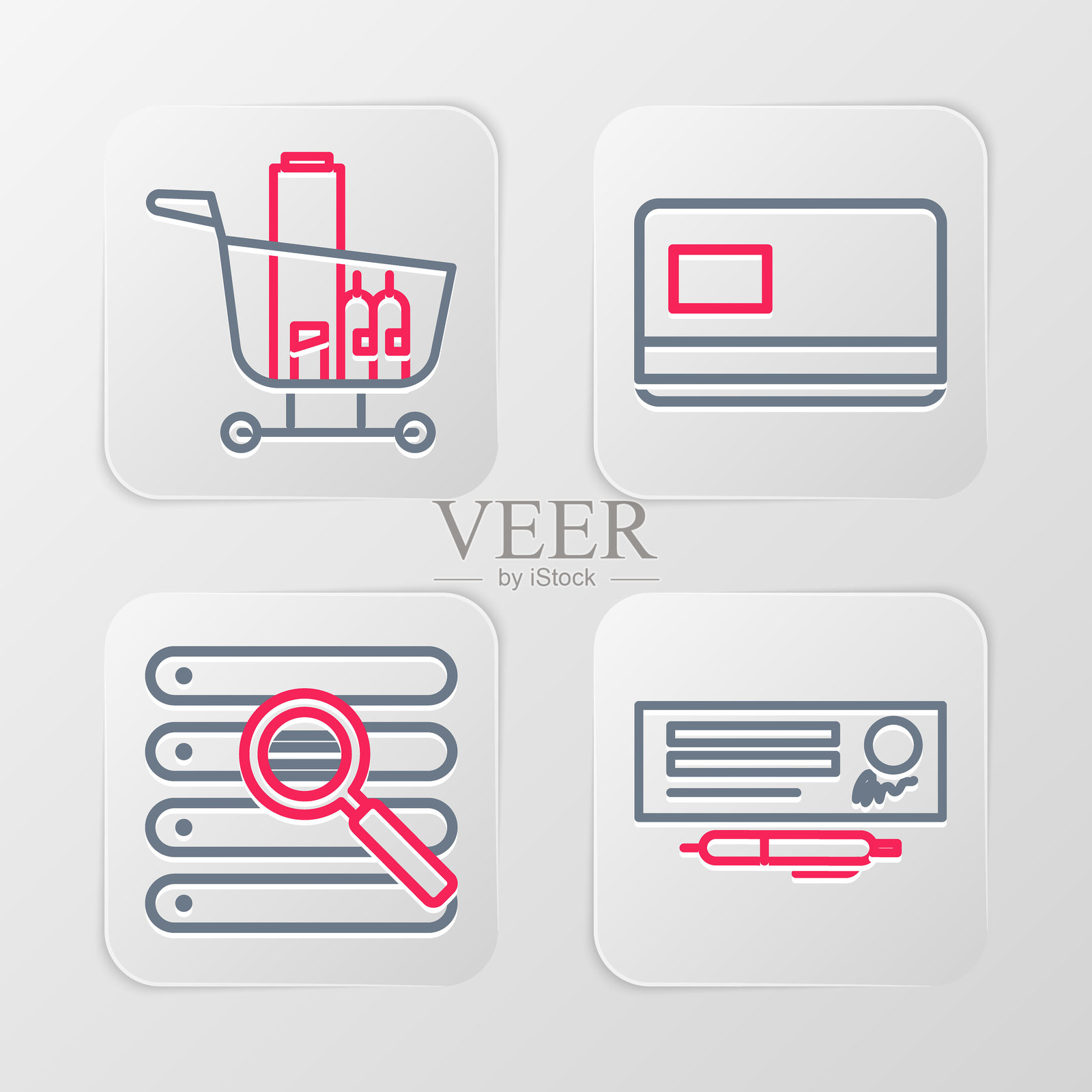 支票本和钢笔，浏览器窗口中的搜索，信用卡和购物车食品图标。矢量图。插画图片素材