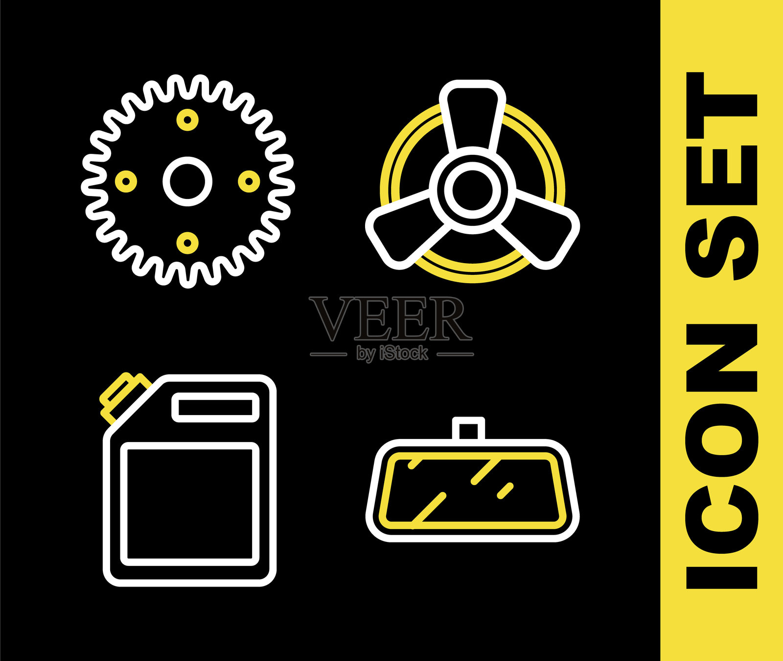 汽车发动机通风器、镜子、汽油罐和齿轮图标。矢量图。插画图片素材