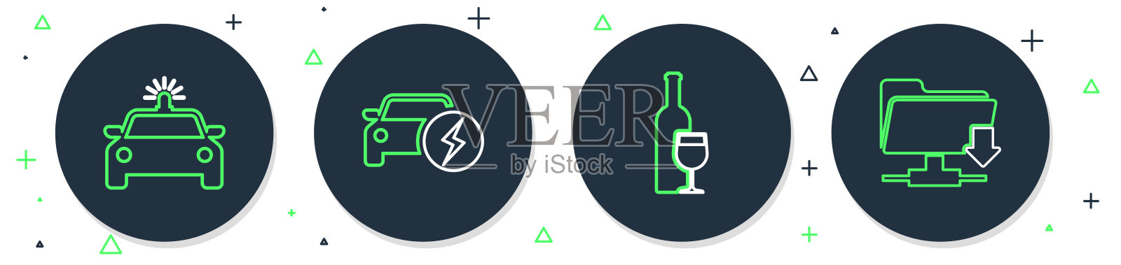 电动汽车、酒瓶与酒杯、警察与闪光灯、FTP文件夹下载图标。矢量图。插画图片素材