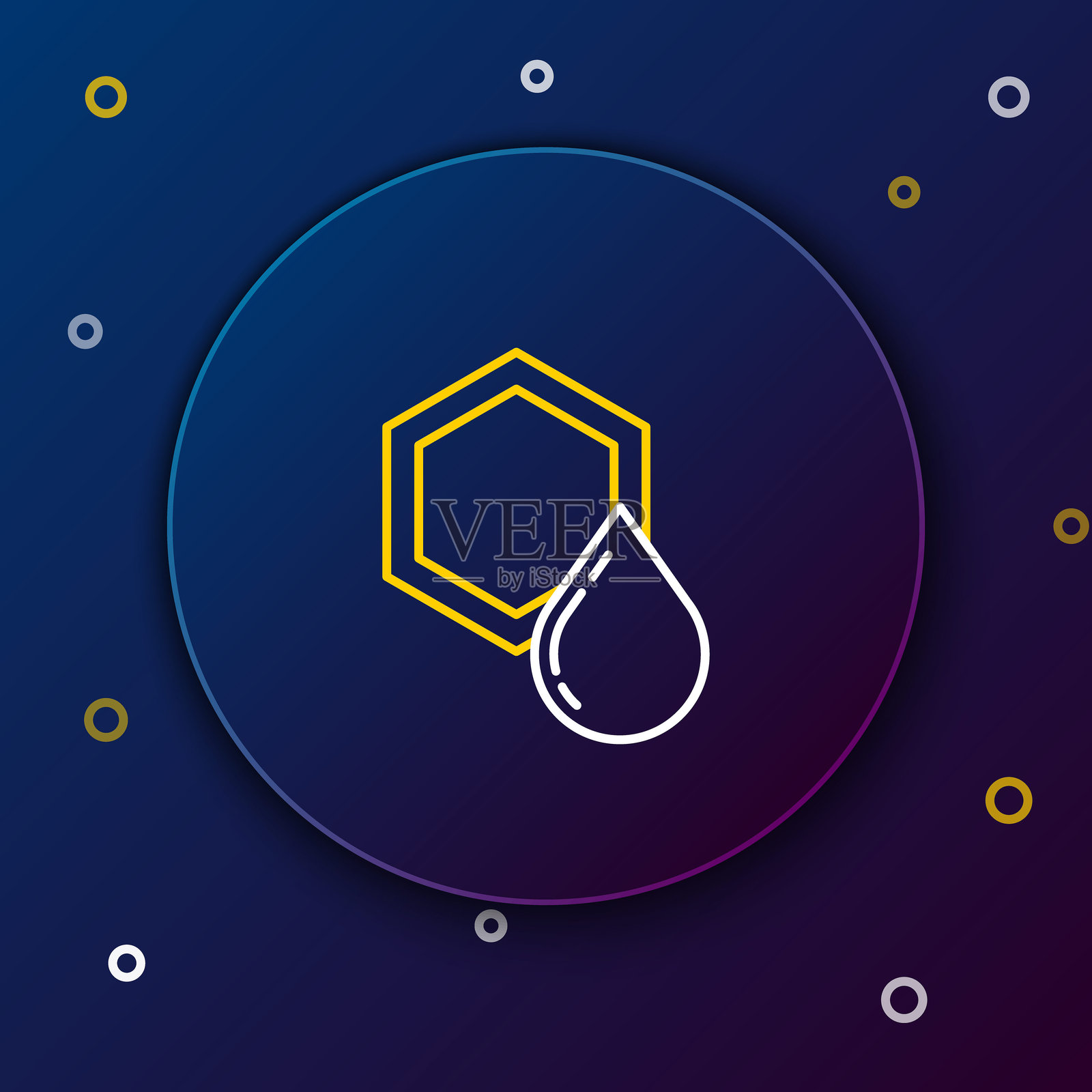 白色和黄色的蜂窝图标，背景为深蓝色。蜂巢符号。甜美的天然食品。彩色轮廓概念。矢量插图。插画图片素材