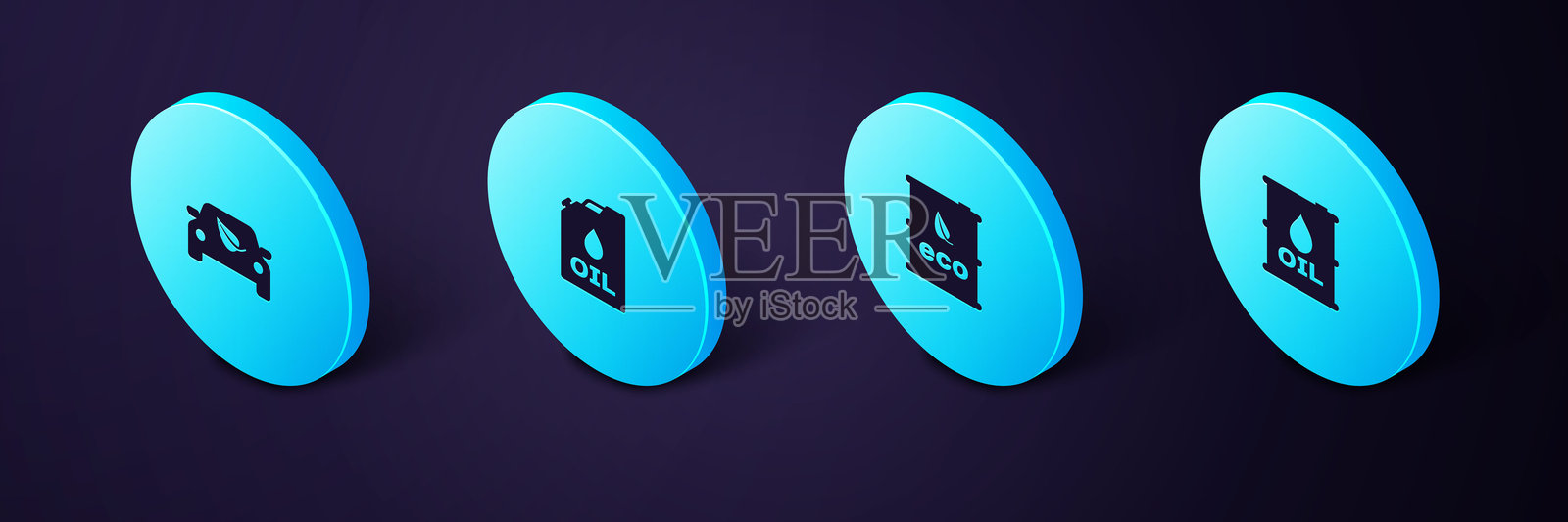 等距油桶、生物燃料、机油罐和带叶子图标的环保汽车驱动。矢量图。插画图片素材