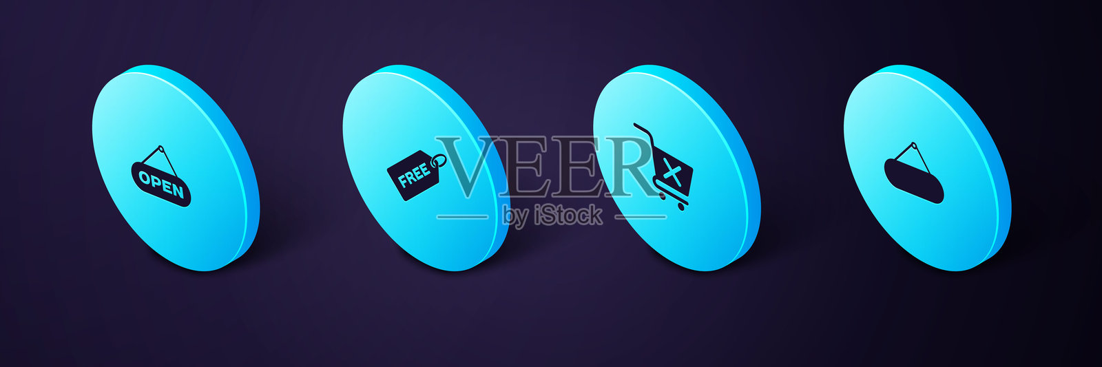 等距悬挂的招牌，去掉购物车，带有“免费”和“开放”标志的价格标签，门图标。矢量图。插画图片素材