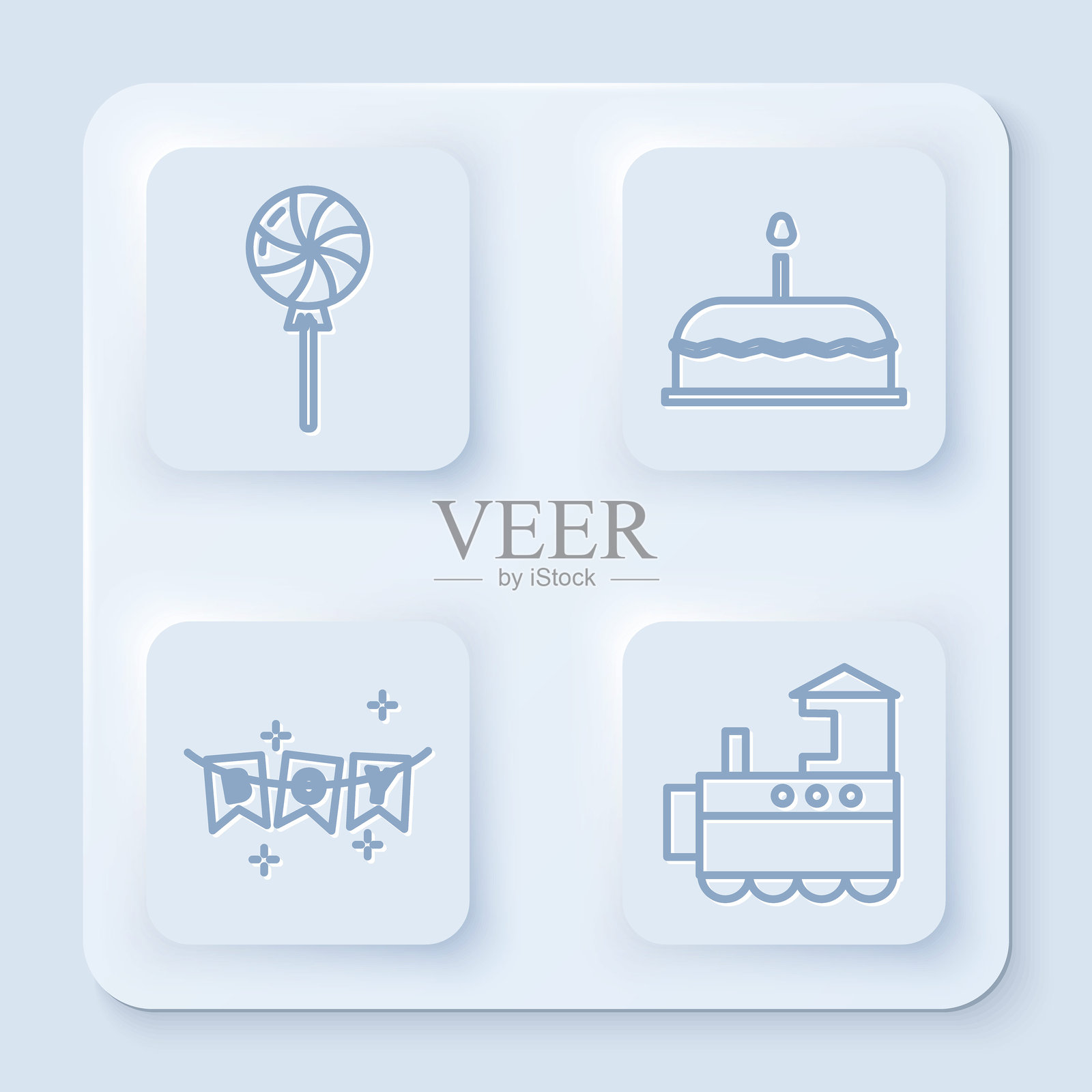 棒棒糖、带燃烧蜡烛的蛋糕、带旗帜的嘉年华花环和玩具火车。白色方形按钮。矢量图。插画图片素材