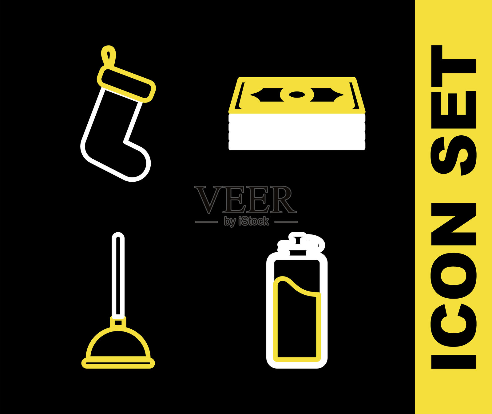 纸币堆叠、装有水的运动水瓶、橡胶搋子和圣诞袜图标。矢量图。插画图片素材