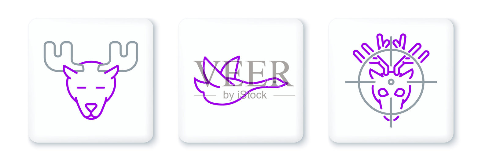 带有十字准线的鹿猎人图标，驼鹿头角和飞翔的鸭子图标。矢量图。插画图片素材