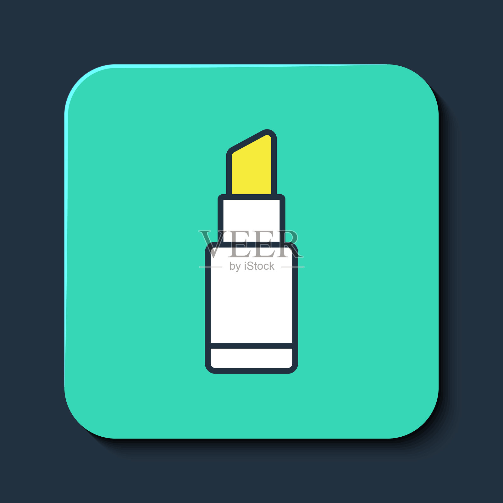 填充轮廓的口红图标，背景为蓝色。3月8日。国际妇女节快乐。青绿色方形按钮。矢量图。插画图片素材