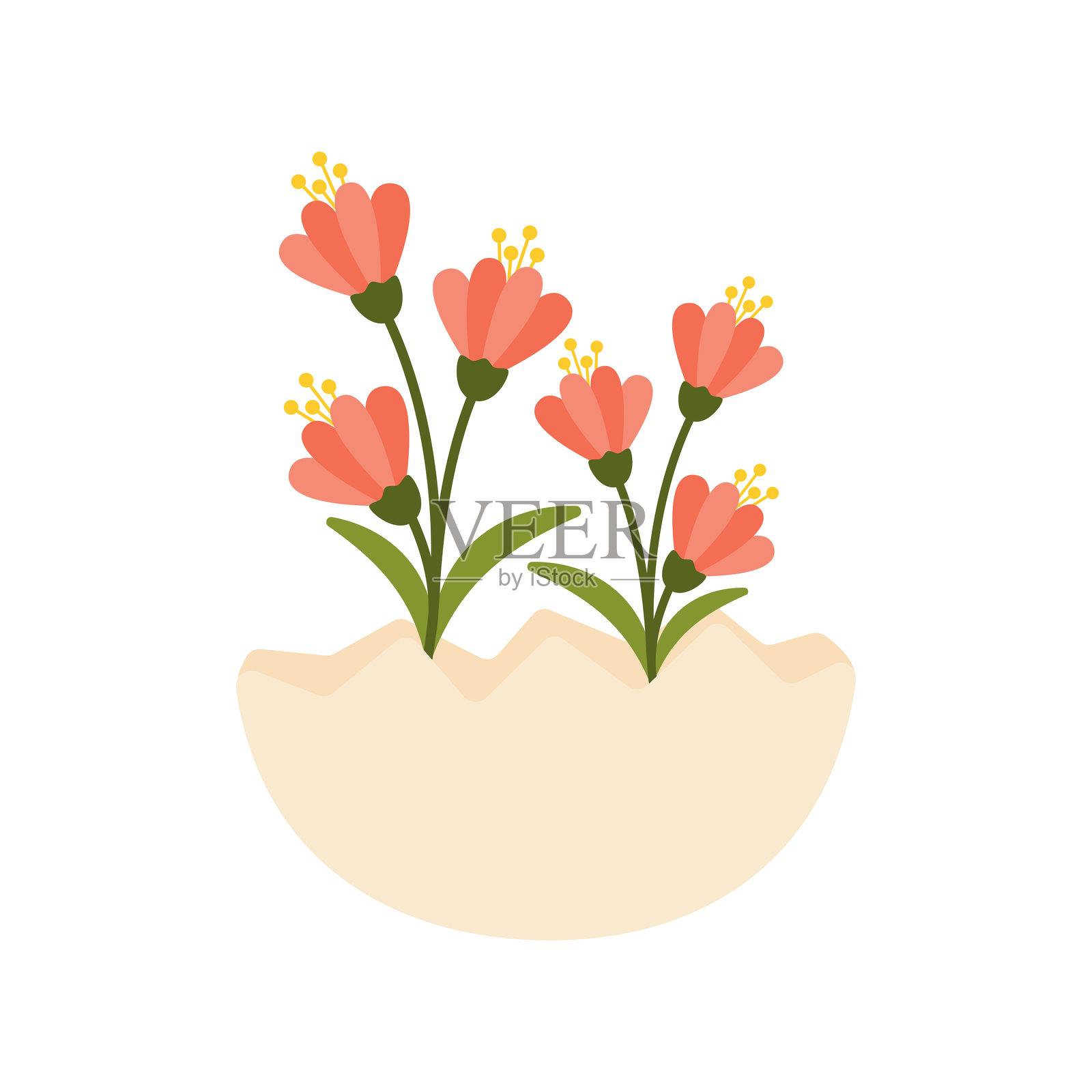 象征春天复苏和节日装饰的破壳蛋中的复活节花卉布置插画图片素材