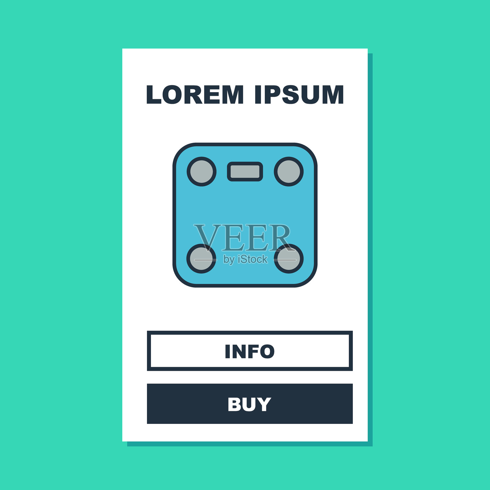 填充轮廓的浴室秤图标，背景为青绿色。体重测量设备。体重秤健身运动概念。矢量图。插画图片素材