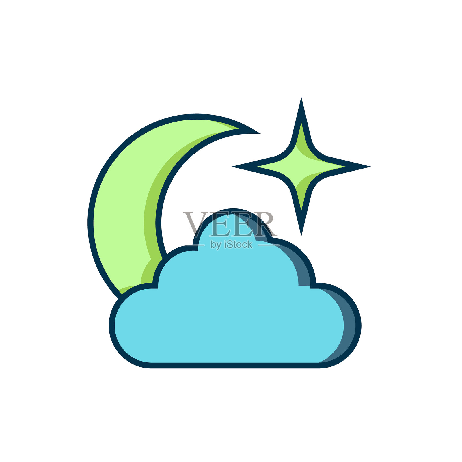 填充轮廓的月亮和星星图标，背景为白色。多云的夜晚标志。睡眠梦境符号。满月。夜晚或睡觉时间标志。带阴影的平面填充轮廓风格。矢量图。插画图片素材