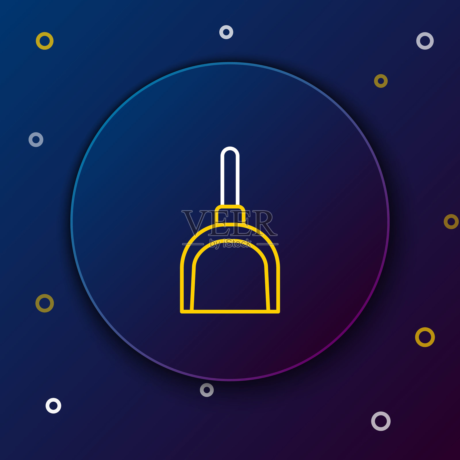 蓝色背景上的线条铲子图标。清洁铲服务。彩色轮廓概念。矢量图。插画图片素材