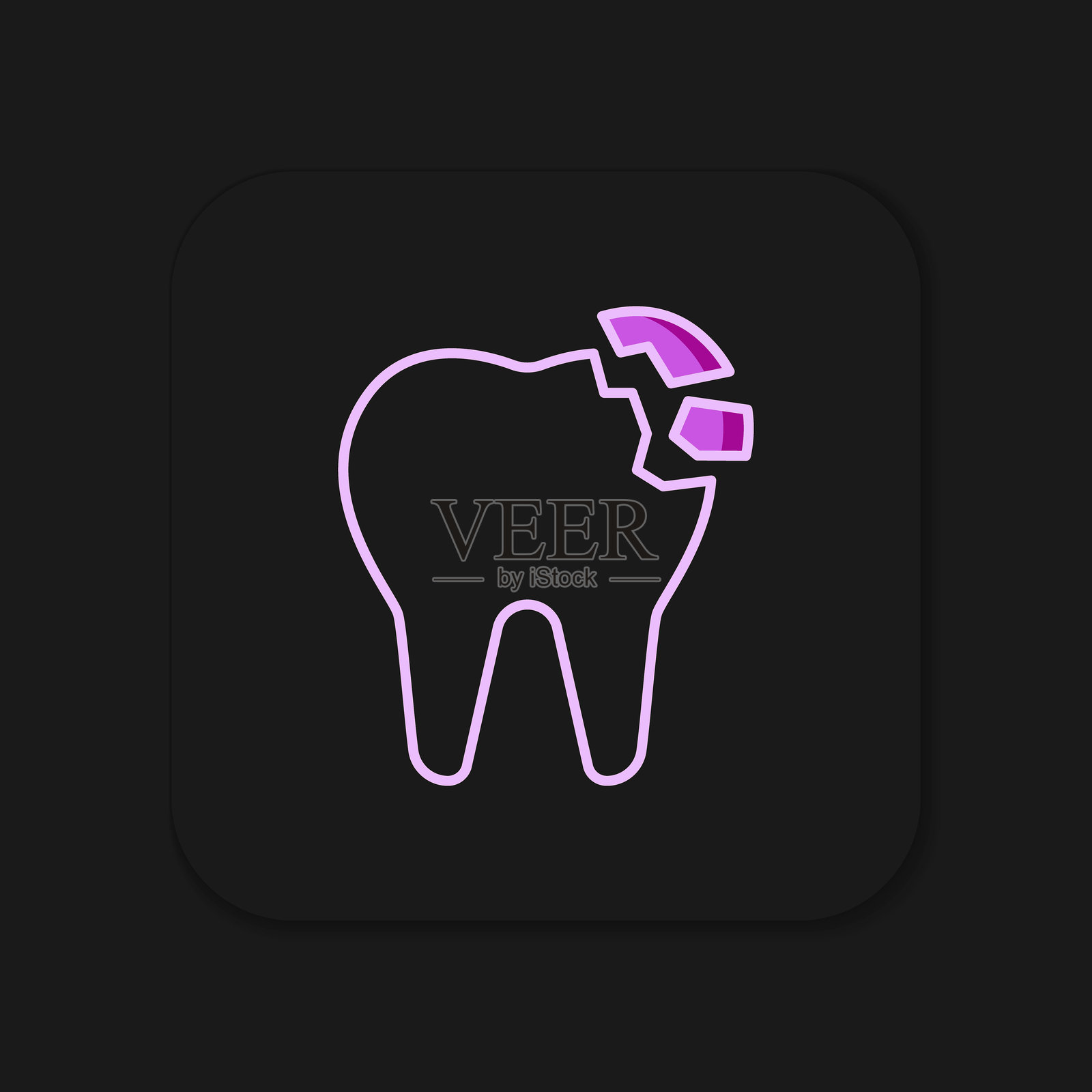 填充轮廓的破损牙齿图标，孤立在黑色背景上。牙科问题图标。牙科护理符号。带阴影的平面填充轮廓风格。矢量图。插画图片素材