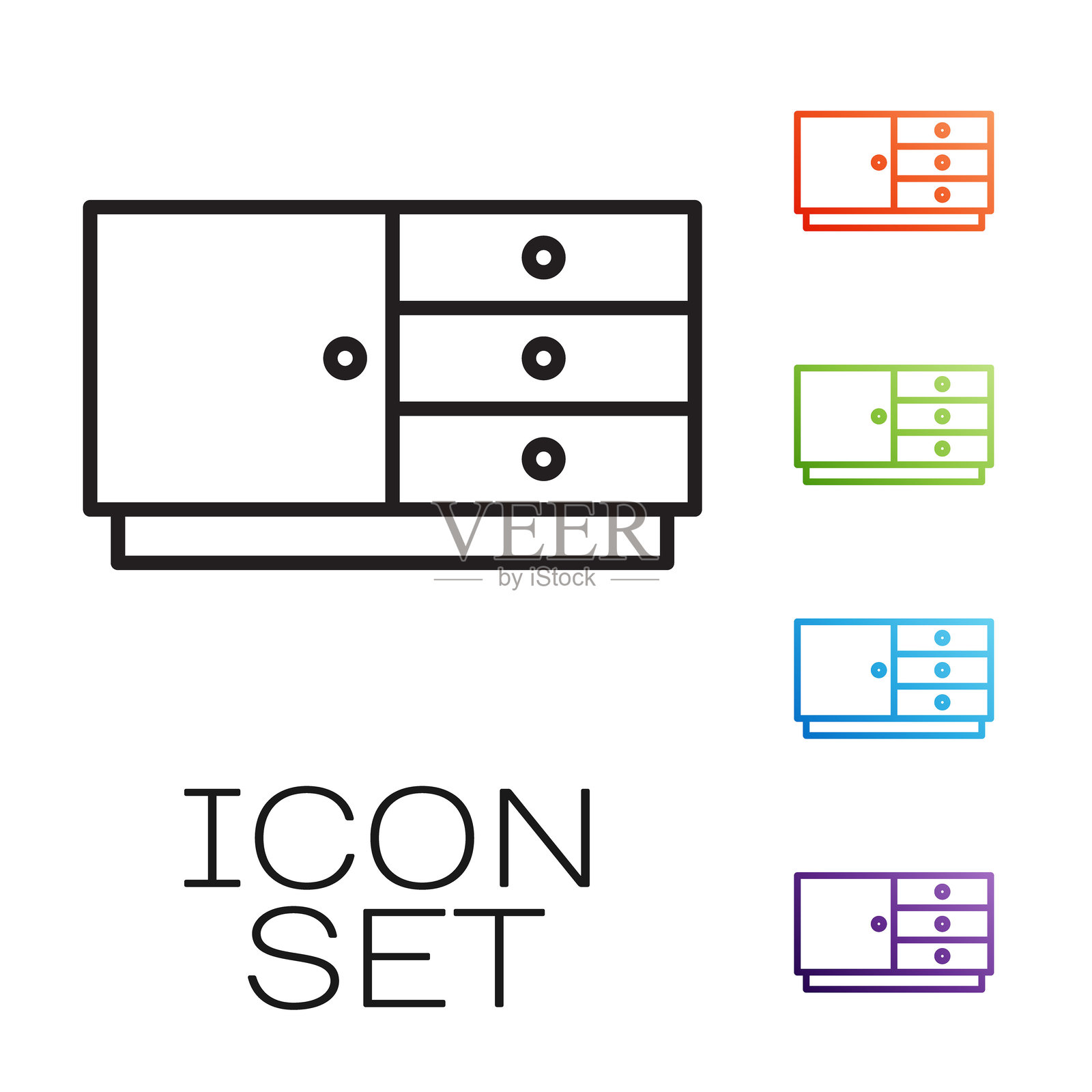 黑色抽屉柜图标，背景为白色。彩色图标集合。矢量图。插画图片素材