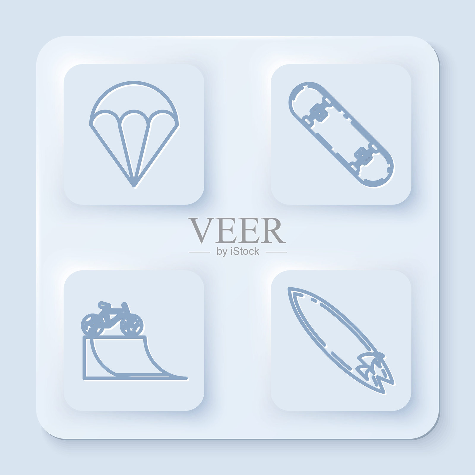 设置线条：降落伞、滑板特技、街道坡道上的自行车和冲浪板。白色方形按钮。矢量图。插画图片素材