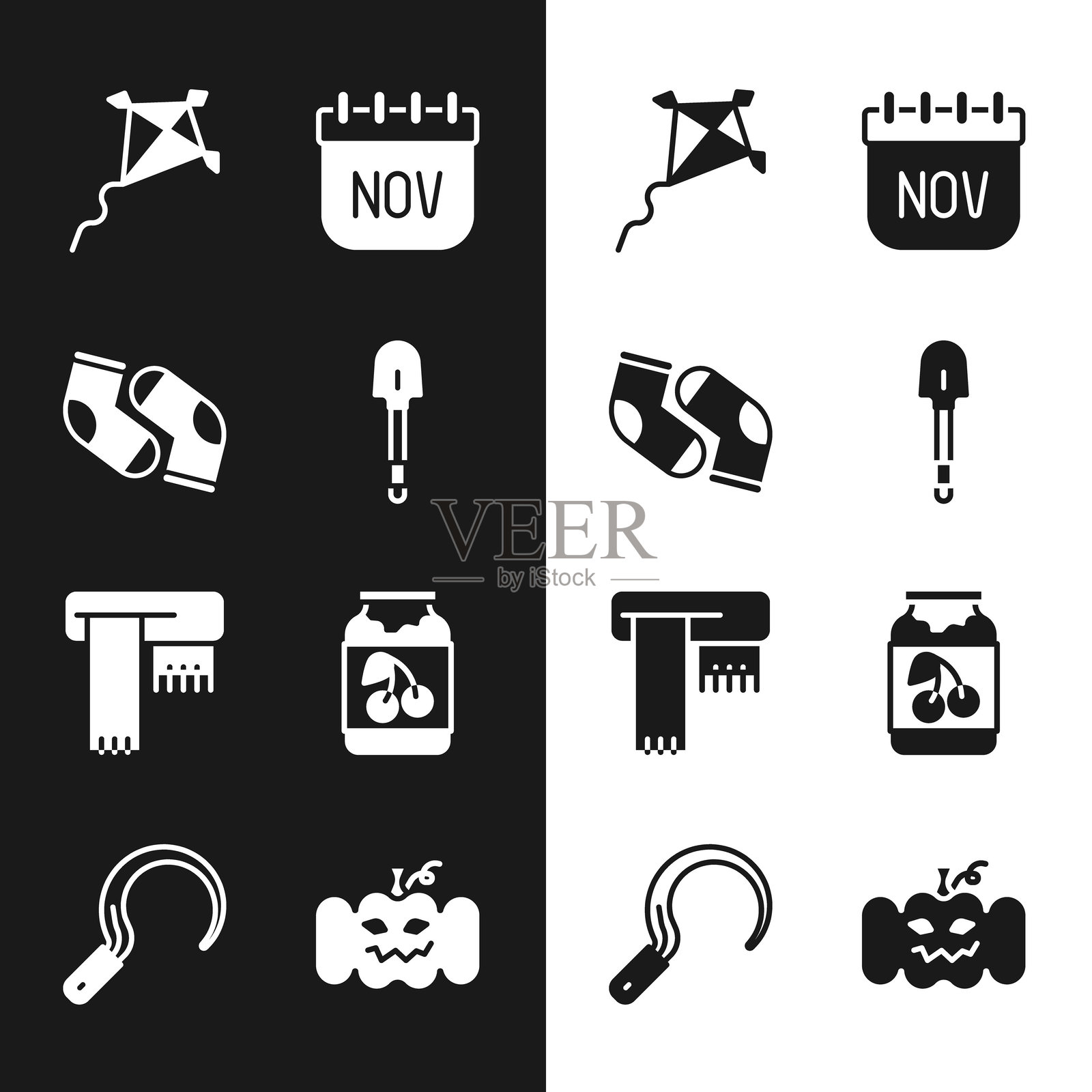 铲子、袜子、风筝、十一月日历秋季、冬季围巾、果酱罐、南瓜和镰刀图标。矢量图。插画图片素材